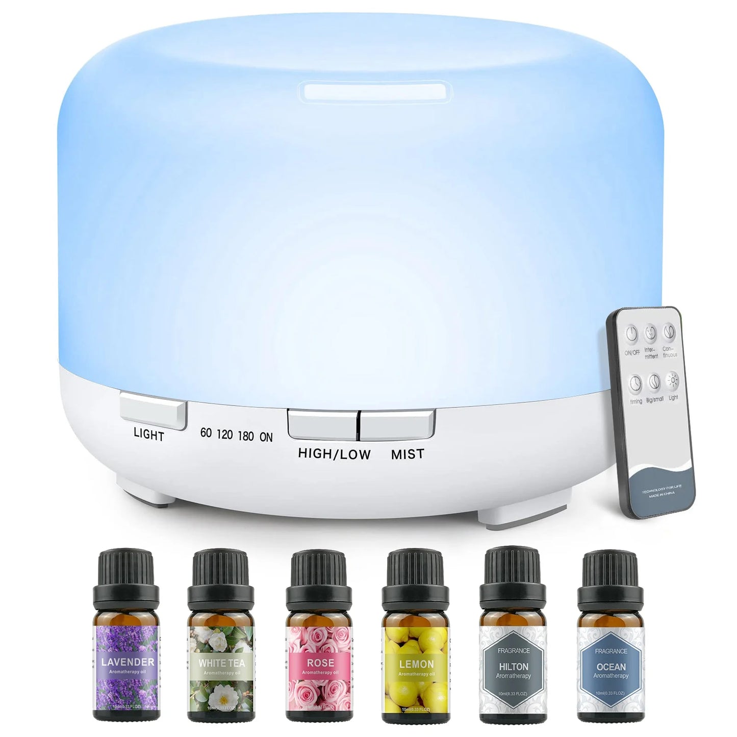 500ML Aromatherapy Oil Diffuser, Aroma Diffuser with 6 Bottle 10ML Essential Oil Set