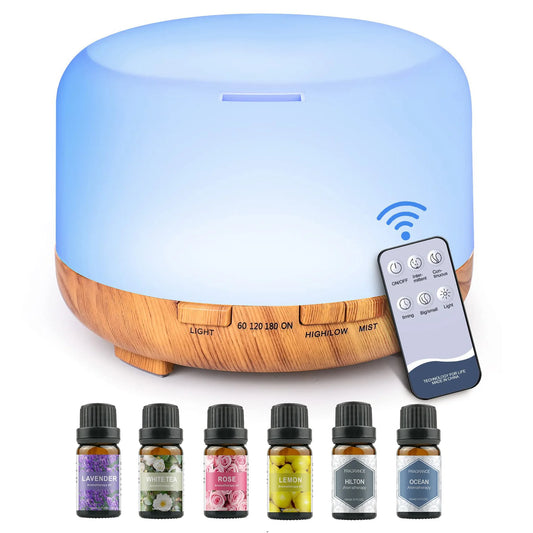 500ML Aromatherapy Oil Diffuser, Aroma Diffuser with 6 Bottle 10ML Essential Oil Set