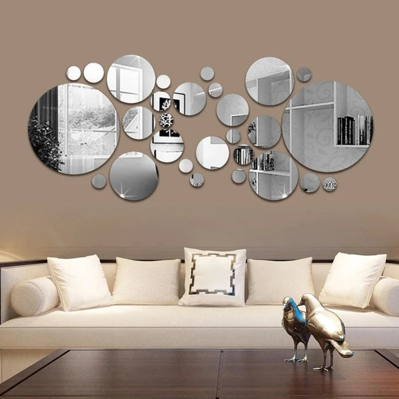 26pcs Round Acrylic Mirror Stickers - Self-Adhesive Removable Bathroom/Kitchen Wall Decor.
