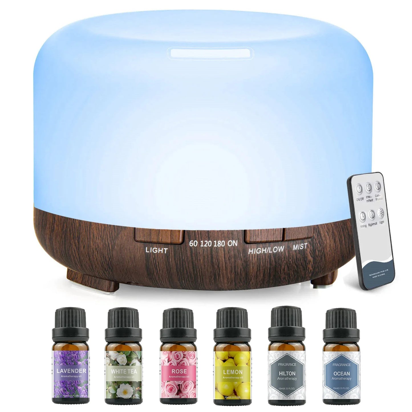500ML Aromatherapy Oil Diffuser, Aroma Diffuser with 6 Bottle 10ML Essential Oil Set